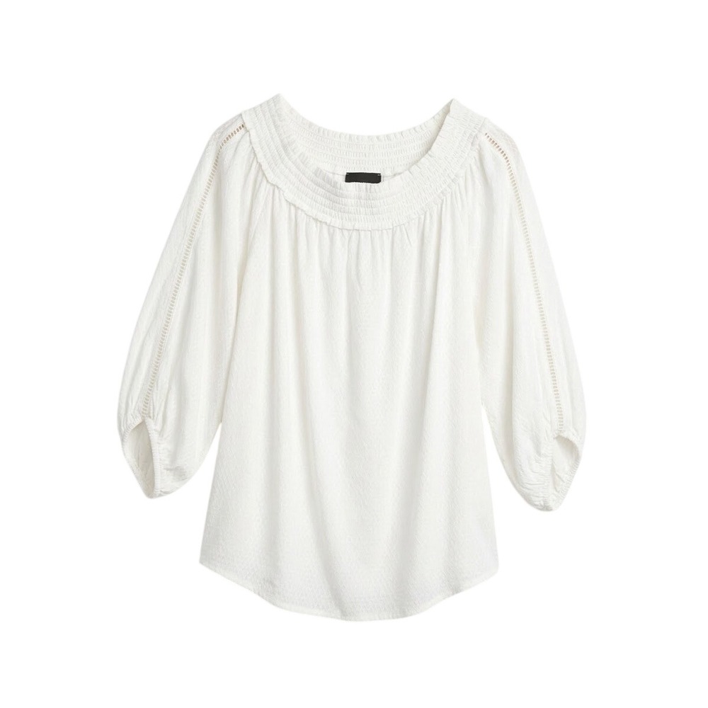 LoveStitch Smocked Neck Blouse Women Large White Textured Ladder Stitch Top